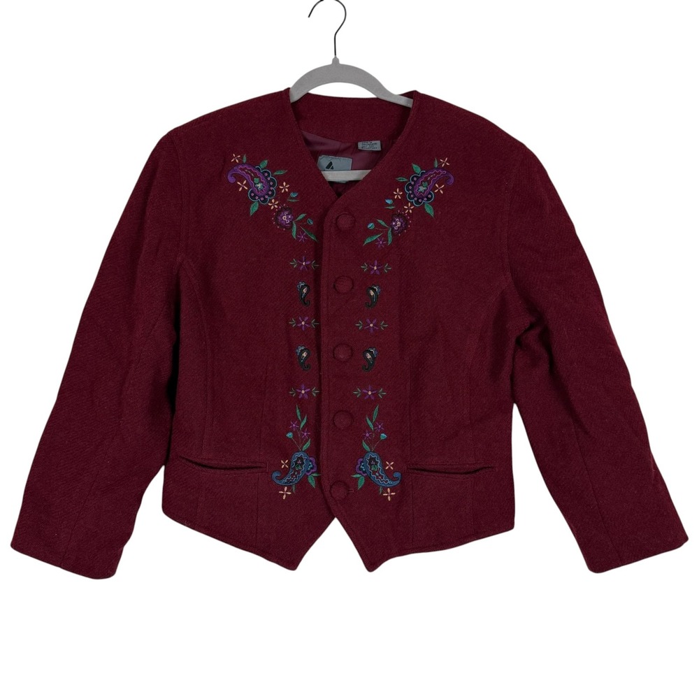Lizwear Jacket Womens 10 Red Wool Embroidered Paisley Collarless Lined Boho